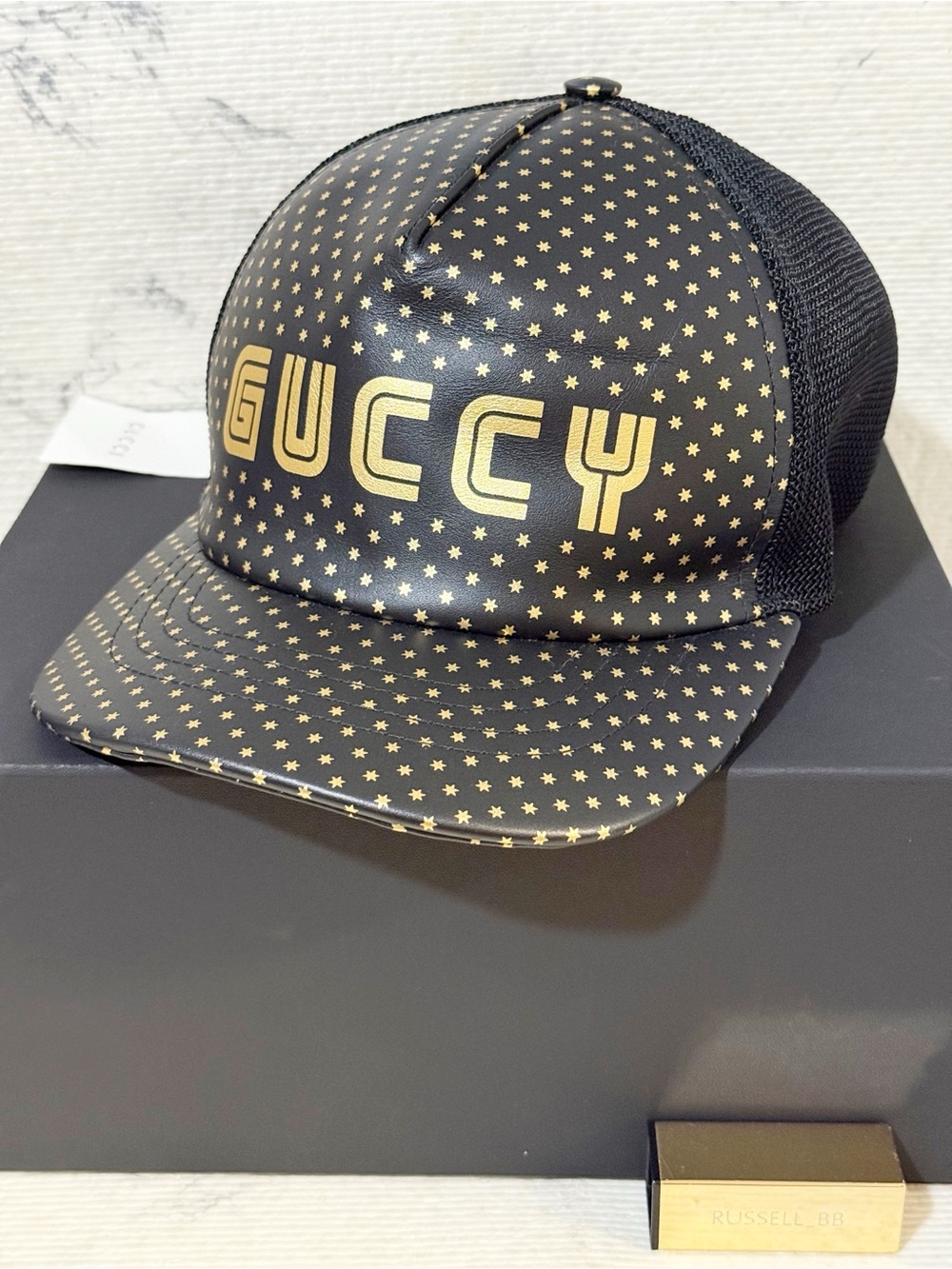 GUCCI x SEGA Black Lambskin Leather Star GUCCY Mesh Baseball Cap Hat (L: 59 cm)